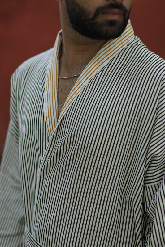 Men’s Striped Cotton Kimono Robe, Long Lightweight Sleepwear with Pockets, One Size Soft Breathable Spa Beach Resort Cover Up Dressing Gown