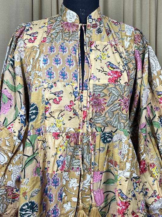 Beige Patchwork Cotton Dress: Hand-Stitched Block Print, Fits XXL