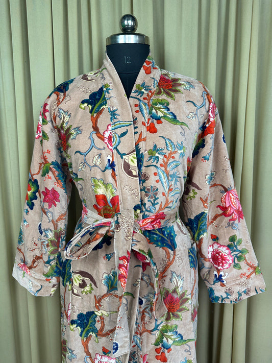 Luxury Velvet Kimono Unisex House Robe | Boho Jacket Autumn Winter Christmas Gift Elegant Reversible Silk Lined | Quirky Gown Pikn Floral