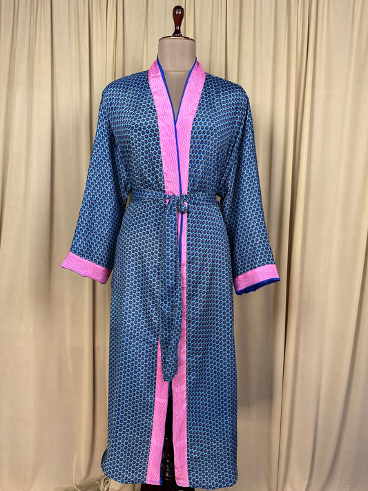 Recycle Silk Sari Women Kimono | Boho Chic Beach Cover Up Vintage Lounge Dressing Robe | Resort Wear Regal Gypsy House Robe, Pink Floral