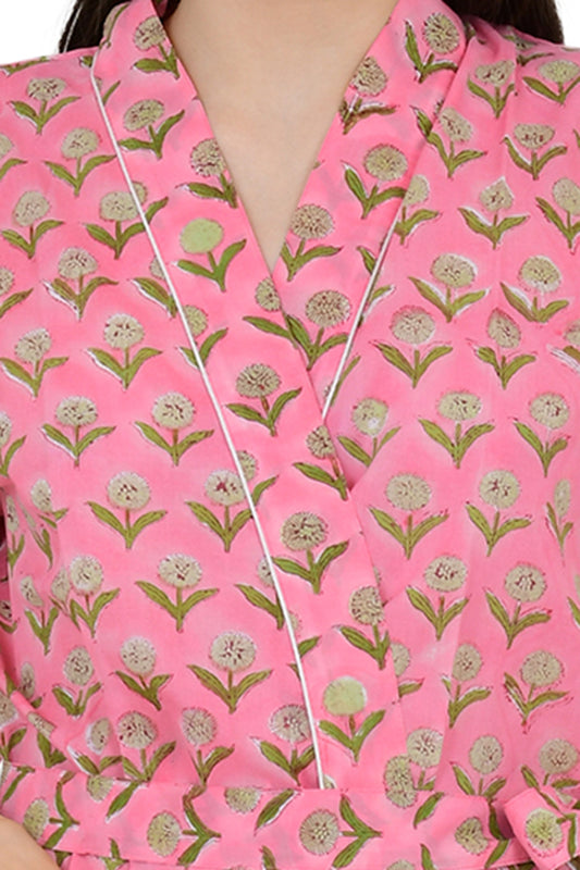 Boho House Robe Indian Handprinted Cotton Kimono Pink Yellow Floral | Perfect for Summer Luxury Beach Holidays Yacht Cover Up Stunning Dress