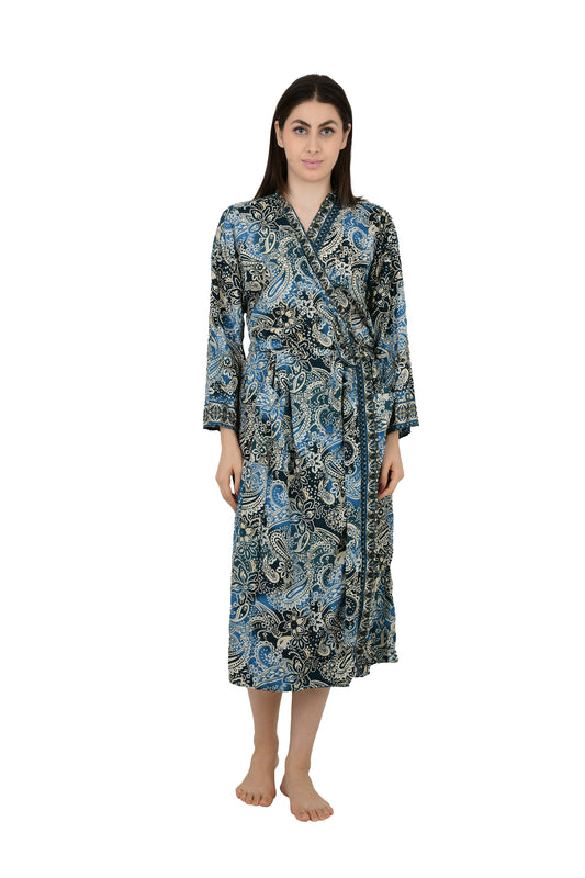 Silk Blend Kimono Robe: Floral Print Long Dressing Gown