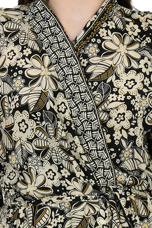 Bohemian New Silk Sari Kimono Women Regal House Beach Robe | Black Beige Floral Luxury Anniversary Birthday Gift For Her