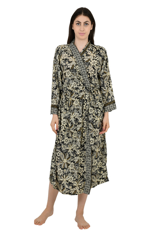 Bohemian New Silk Sari Kimono Women Regal House Beach Robe | Black Beige Floral Luxury Anniversary Birthday Gift For Her