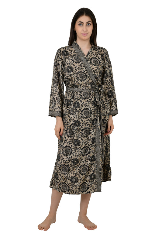 Floral Silk Blend Kimono Robe: Hand-Stitched Sari Fabric