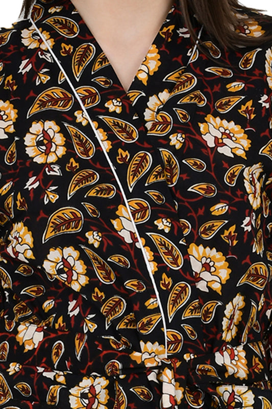 Pure Cotton Kimono Indian Handprinted Boho House Robe Summer Dress, Black Saffron Floral Botanical Garden Beach Coverup Maternity Mom Bridal