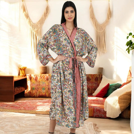 Silk Sari Women Kimono Cami Set | One Size Ivory Pink Blue House Robe