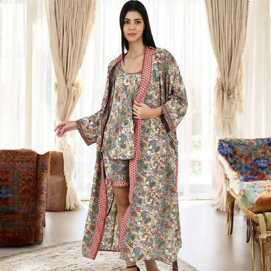 Silk Sari Women Kimono Cami Set | One Size Ivory Pink Blue House Robe