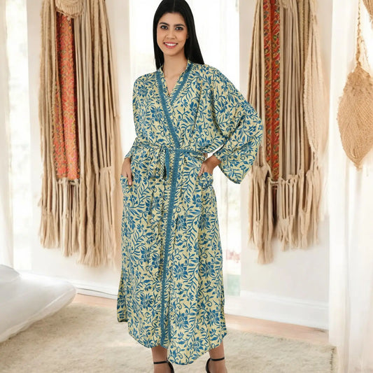 Silk Sari Women Kimono Cami Set | One Size Beige Blue Floral Camisole