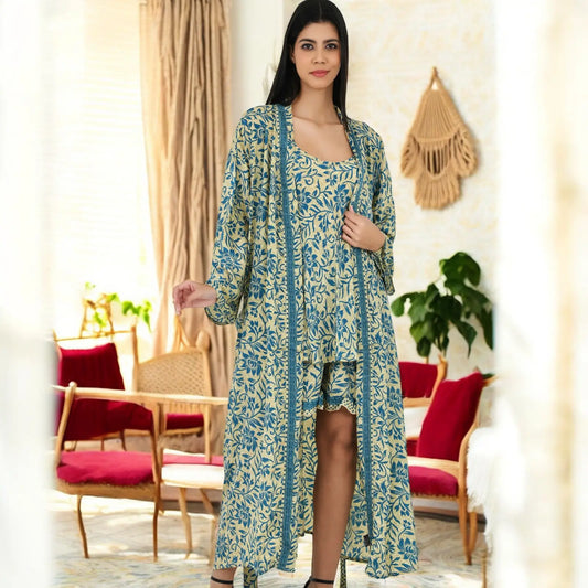 Silk Sari Women Kimono Cami Set | One Size Beige Blue Floral Camisole