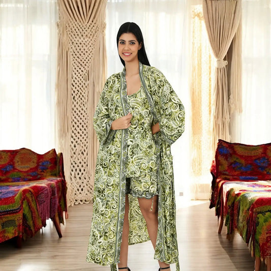 Silk Sari Women Kimono Cami Set | One Size Lime Green Paisley Robe