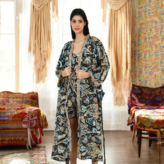 Silk Sari Women Kimono Cami Set | One Size Black Blue Paisley Flowy Gown