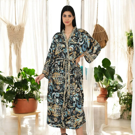 Silk Sari Women Kimono Cami Set | One Size Black Blue Paisley Flowy Gown