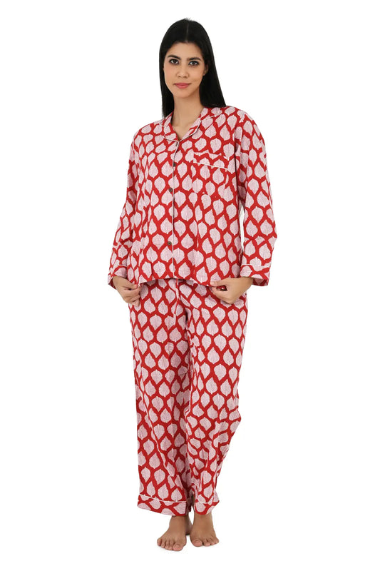 Cotton Women Pajama Set Comfortable Nightwear Summer PJ Set Red White Leaf Print