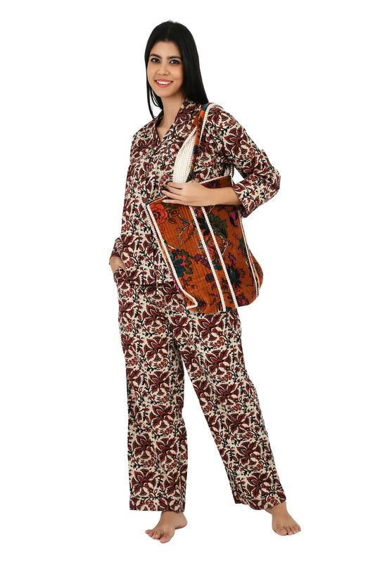 Cotton Women Pajama Set Comfortable Nightwear Summer PJ Set Beige Red Floral