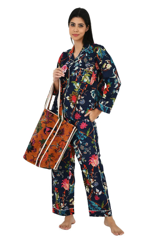 Cotton Women Pajama Set Comfortable Nightwear Summer PJ Set Mid Night Garden Print
