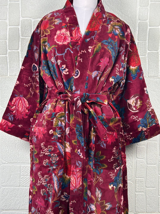 Luxury Velvet Kimono Unisex House Robe | Boho Jacket Autumn Winter Christmas Gift Elegant Reversible Cotton Lined | Quirky Gown Red Floral