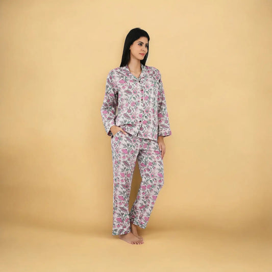 Ensemble pyjama en pur coton, chemise de nuit, Panama, bloc à main imprimé, vêtements de nuit, vêtements de salon de printemps | Ensemble de nuit confortable à rayures florales de lotus d'été de luxe
