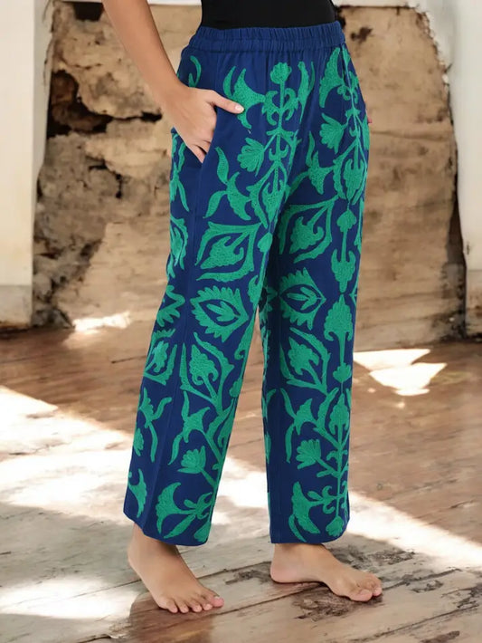 Boho Harem Pants Gift for Her – Handmade Embroidered Suzani Festival Pants, Boho Hippie Lounge Pajamas with Pockets, Unique Floral Yoga Pant