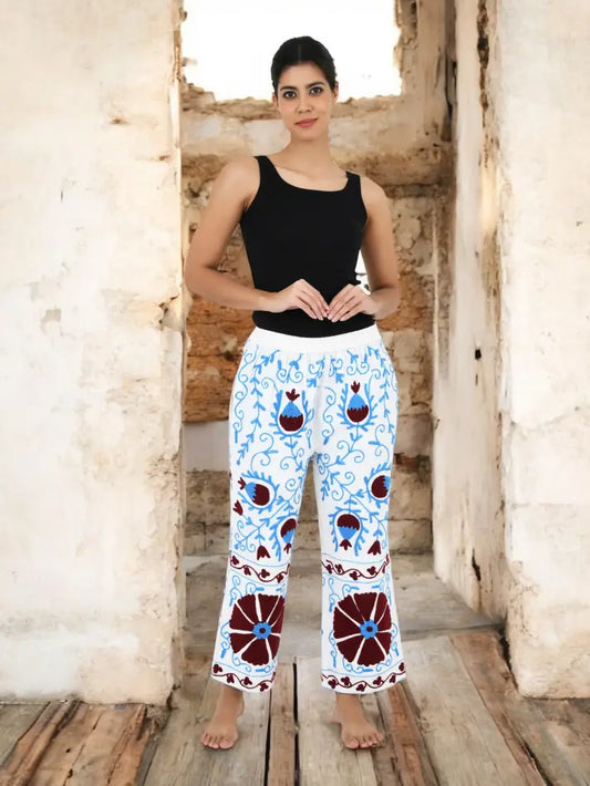 Boho Harem Pants Gift for Her – Handmade Embroidered Suzani Festival Pants, Boho Hippie Lounge Pajamas with Pockets, Unique Floral Yoga Pant