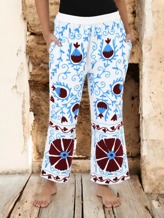 Boho Harem Pants Gift for Her – Handmade Embroidered Suzani Festival Pants, Boho Hippie Lounge Pajamas with Pockets, Unique Floral Yoga Pant