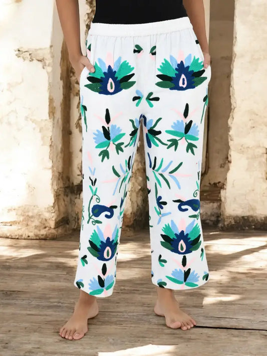 Boho Harem Pants Gift for Her – Handmade Embroidered Suzani Festival Pants, Boho Hippie Lounge Pajamas with Pockets, Unique Floral Yoga Pant