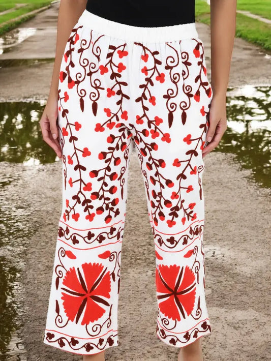 Boho Harem Pants Gift for Her – Handmade Embroidered Suzani Festival Pants, Boho Hippie Lounge Pajamas with Pockets, Unique Floral Yoga Pant