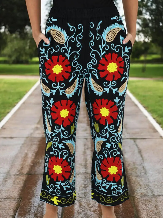 Boho Harem Pants Gift for Her – Handmade Embroidered Suzani Festival Pants, Boho Hippie Lounge Pajamas with Pockets, Unique Floral Yoga Pant