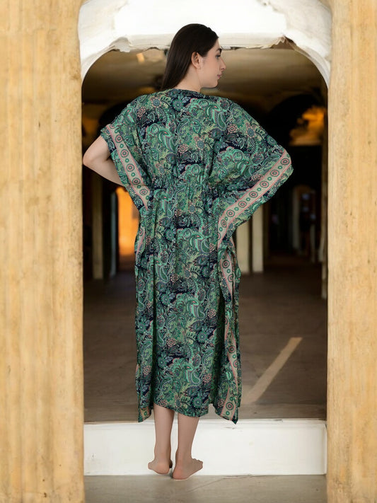 Women Silk Kaftan | Green Paisley Caftan # 1623