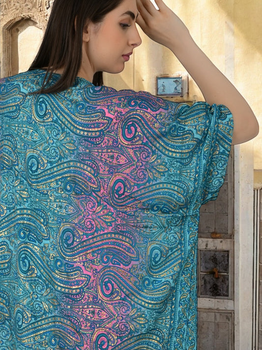 Silk Long Kaftan | Blue Pink Ombre Paisley #1626