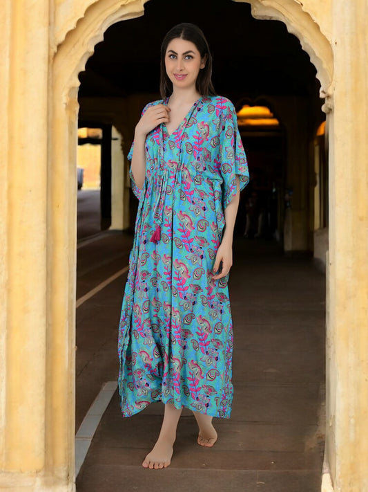 Silk Long Kaftan | Blue Pink Floral Caftan #1627