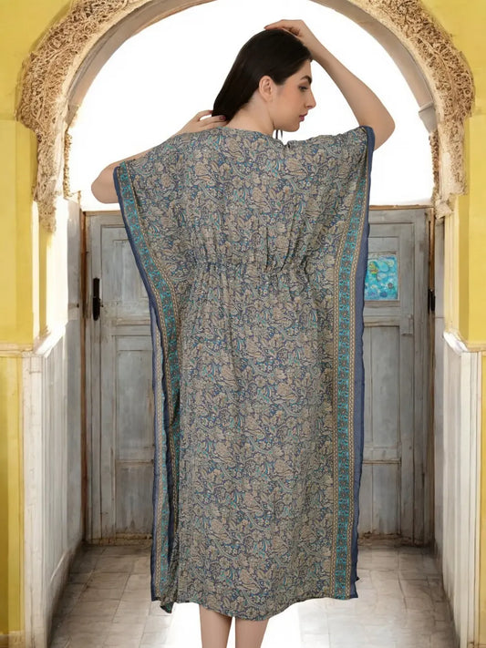 Silk Long Kaftan | Soft Amber Floral #1628