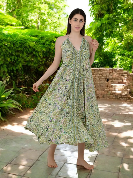 Silk Halter Dress | Backless Checks Maxi Dress #1630