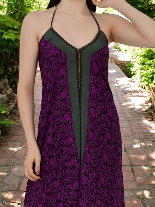 Silk Boho Halter Dress | Backless Gypsy Purple Beachwear #1631