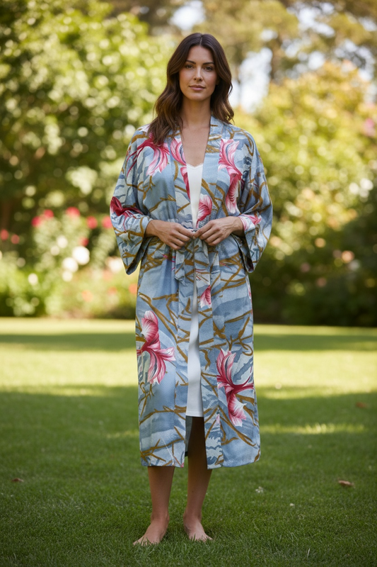 Recycle Silk Sari Women Kimono | Boho Chic Beach Cover Up Vintage Lounge Dressing Robe l Resort Wear Regal Gypsy House Robe | Gray Floral