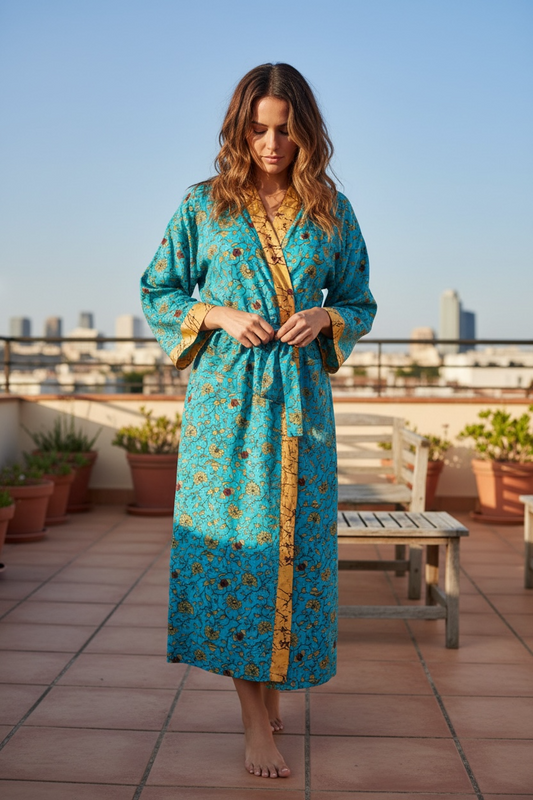 Recycle Silk Sari Women Kimono | Boho Chic Robe House, Beach Cover Up Vintage Bridesmaid Lounge Dressing Gown l Resort Wear Gypsy Nightwear