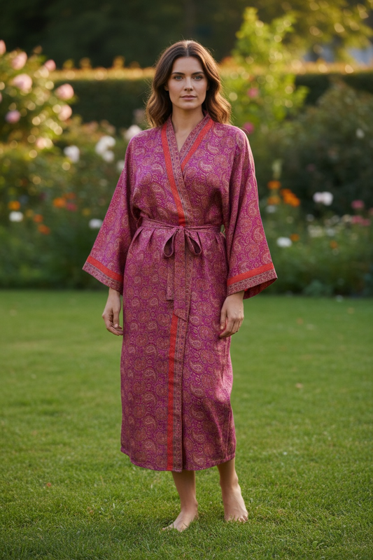 Recycle Silk Sari Women Kimono | Boho Chic Robe House, Beach Cover Up Vintage Bridesmaid Lounge Dressing Gown l Resort Wear Gypsy Nightwear