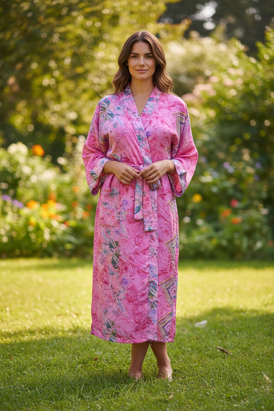 Recycle Silk Sari Women Kimono | Boho Chic Robe House, Beach Cover Up Vintage Bridesmaid Lounge Dressing Gown l Resort Wear Gypsy Nightwear