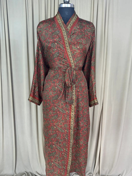 Recycle Silk Sari Women Kimono | Boho Chic Beach Cover Up Vintage Lounge Dressing Robe l Resort Wear Regal Gypsy House Robe | Green Paisley