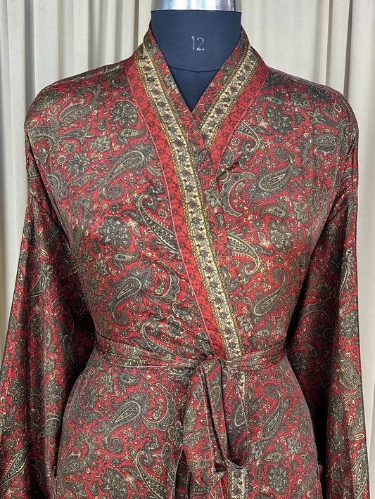 Recycle Silk Sari Women Kimono | Boho Chic Beach Cover Up Vintage Lounge Dressing Robe l Resort Wear Regal Gypsy House Robe | Green Paisley
