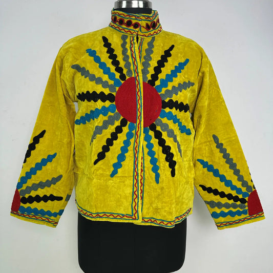 Boho Velvet Suzani Jacket Hand Embroidered | Open Front Coat Winter Wear Free Size Robe | Retro Chic smoking jacket — Blazer Gift for Her