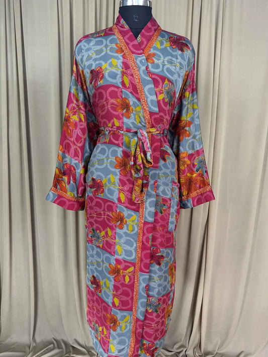 Recycle Silk Sari Women Kimono | Boho Chic Beach Cover Up Vintage Lounge Dressing Robe l Resort Wear Regal Gypsy House Robe | Red Floral