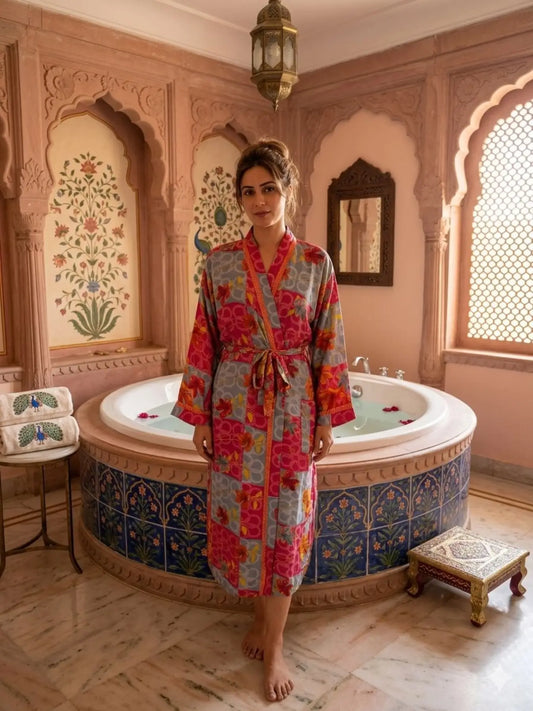 Recycle Silk Sari Women Kimono | Boho Chic Beach Cover Up Vintage Lounge Dressing Robe l Resort Wear Regal Gypsy House Robe | Red Floral