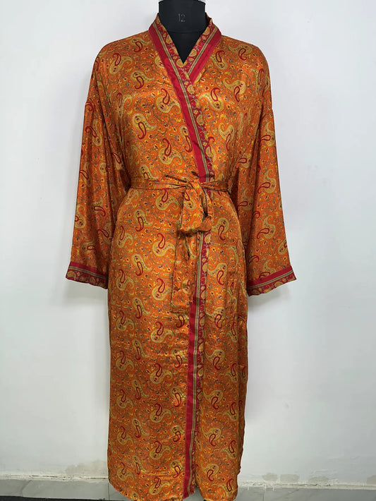 Recycle Silk Sari Women Kimono | Boho Chic Robe House | Beach Cover Up Vintage Bridesmaid Lounge Dressing Gown l Resort Wear Gypsy Nightwear