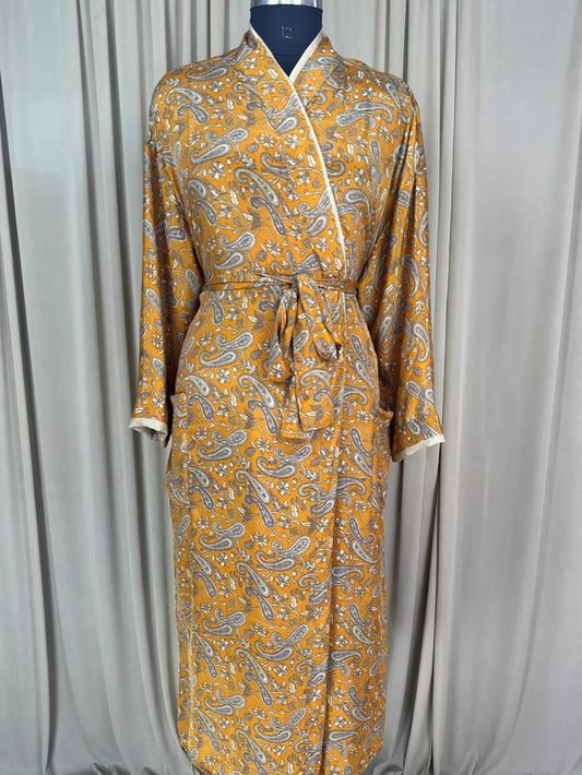 Recycle Silk Sari Women Kimono | Boho Chic Beach Cover Up Vintage Lounge Dressing Robe l Resort Wear Regal Gypsy House Robe | Yellow Paisley
