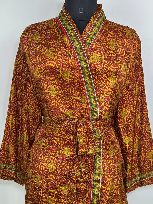 Recycle Silk Sari Women Kimono | Boho Chic Robe House | Beach Cover Up Vintage Bridesmaid Lounge Dressing Gown l Resort Wear Gypsy Nightwear