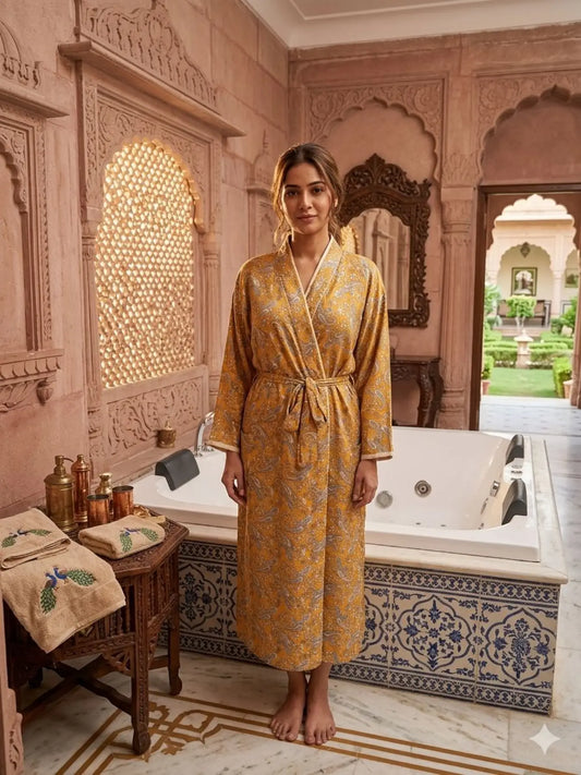 Recycle Silk Sari Women Kimono | Boho Chic Beach Cover Up Vintage Lounge Dressing Robe l Resort Wear Regal Gypsy House Robe | Yellow Paisley