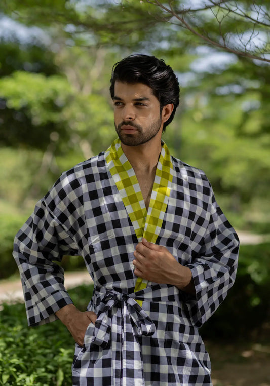 Pure Cotton Boho Men Kimono Robe | Geometric Luxury Dressing Gown Summer Loungewear, Reversible Unisex Bathrobe Relaxed Fit Beach Outfit