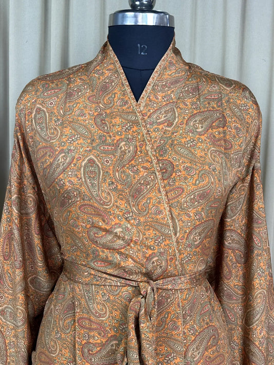 Recycle Silk Sari Women Kimono | Boho Chic Beach Cover Up Vintage Lounge Dressing Robe l Resort Wear Regal Gypsy House Robe | Yellow Paisley (Copy)