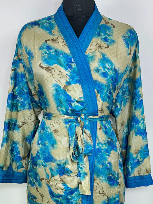 Recycle Silk Sari Women Kimono | Boho Chic Robe House | Beach Cover Up Vintage Bridesmaid Lounge Dressing Gown l Resort Wear Gypsy Nightwear